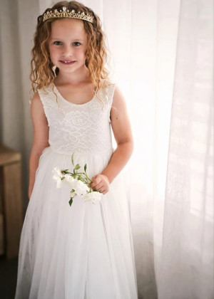 Ivory Eyelash Lace Tulle Sheer Back Flower Girl Dress